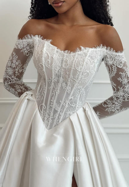 A-Line Off Shoulder Long Sleeves Lace Top High Slit Pleated Wedding Dress