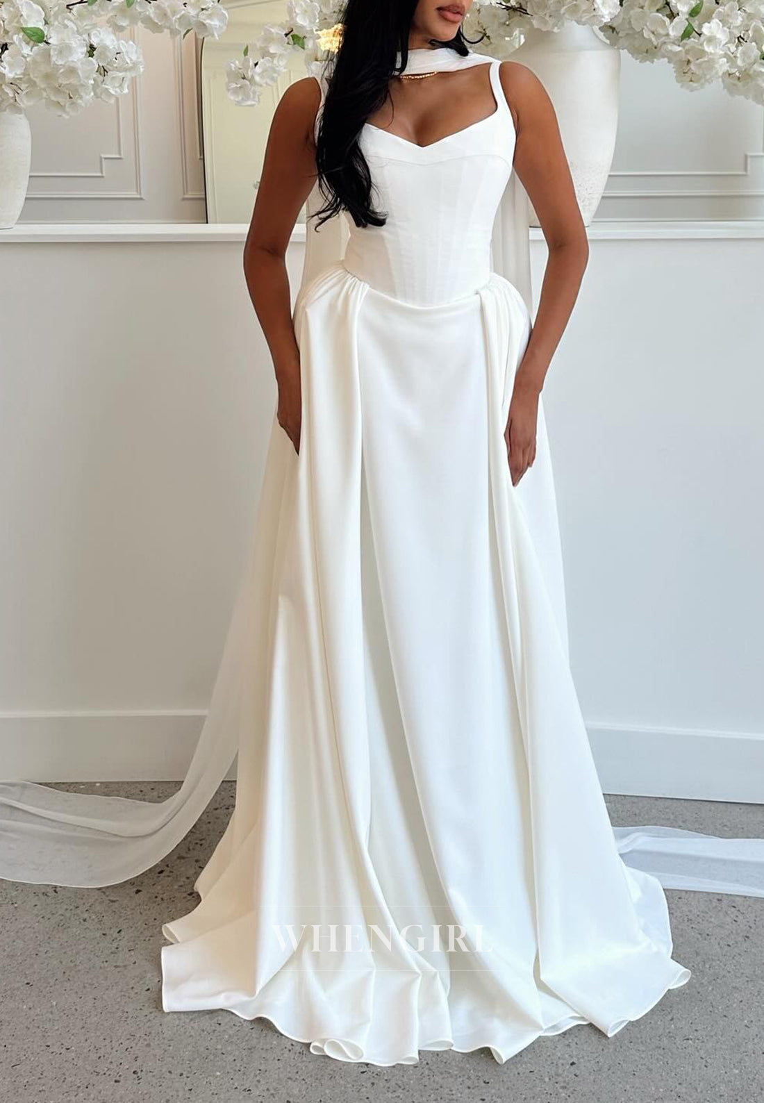 Simple Sheath V Neck Regular Straps Sleeveless Wedding Dress with Scarf