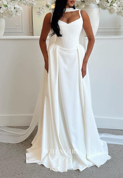 Simple Sheath V Neck Regular Straps Sleeveless Wedding Dress with Scarf