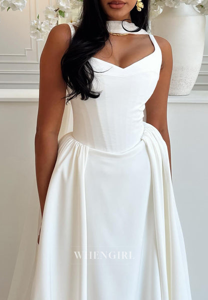 Simple Sheath V Neck Regular Straps Sleeveless Wedding Dress with Scarf