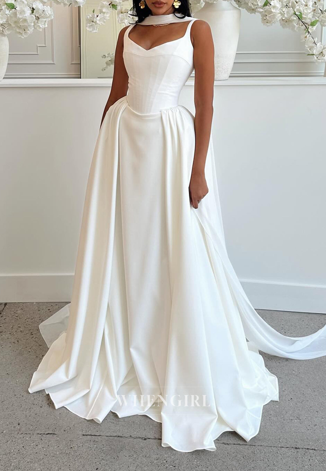 Simple Sheath V Neck Regular Straps Sleeveless Wedding Dress with Scarf