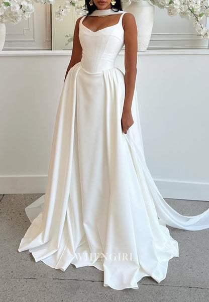 Simple Sheath V Neck Regular Straps Sleeveless Wedding Dress with Scarf