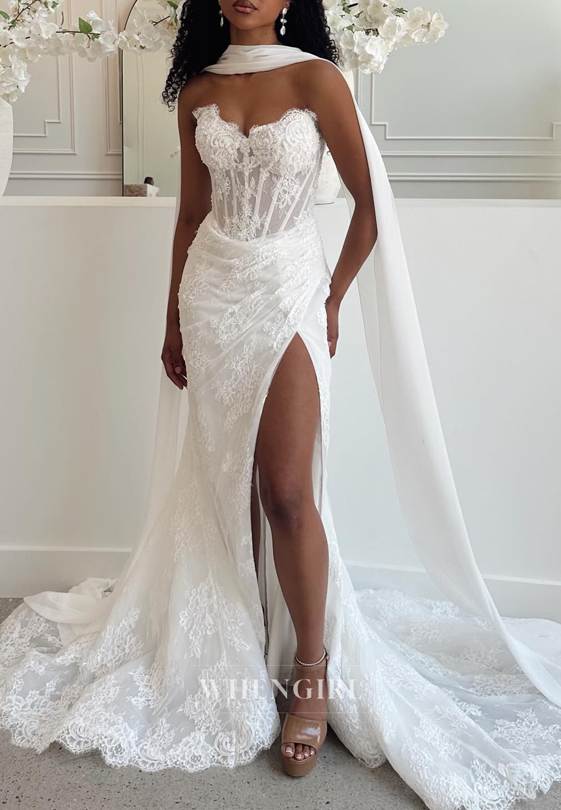 Mermaid Asymmetrical Neck Sleeveless Pleated Side Slit Beaded Lace Wedding Dress