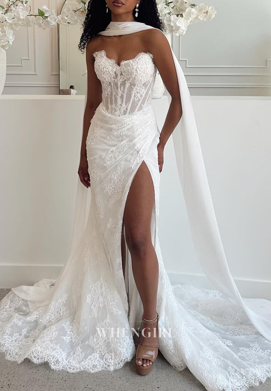 Mermaid Asymmetrical Neck Sleeveless Pleated Side Slit Beaded Lace Wedding Dress