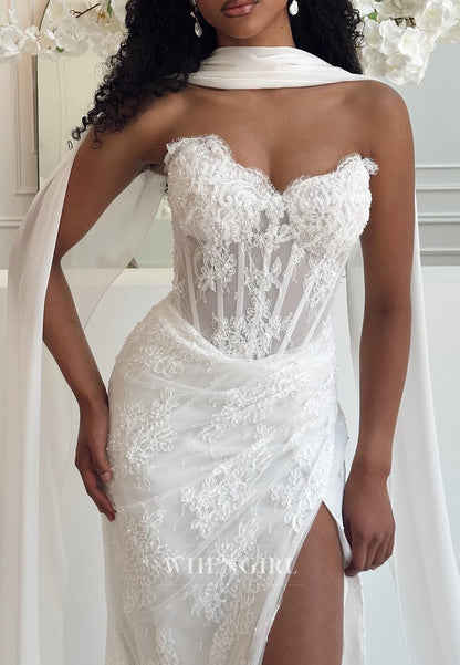 Mermaid Asymmetrical Neck Sleeveless Pleated Side Slit Beaded Lace Wedding Dress