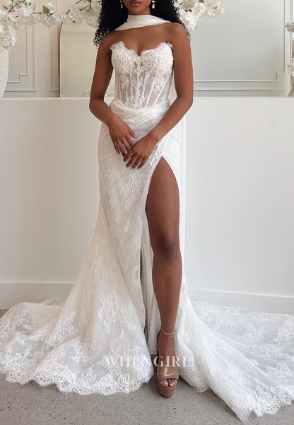 Mermaid Asymmetrical Neck Sleeveless Pleated Side Slit Beaded Lace Wedding Dress