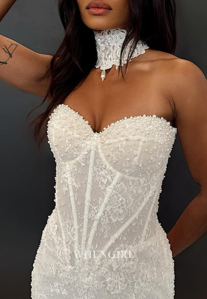 Mermaid Sweetheart Sleeveless Pearls Beaded Court Train Wedding Dress