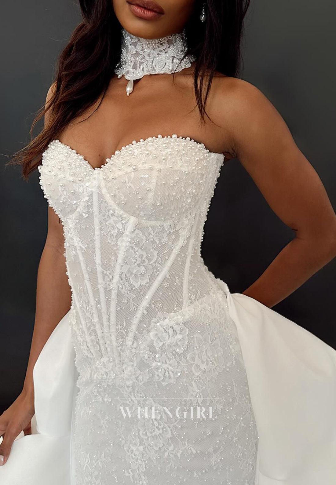 Mermaid Sweetheart Sleeveless Pearls Beaded Court Train Wedding Dress