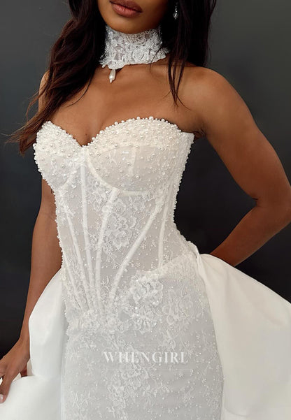 Mermaid Sweetheart Sleeveless Pearls Beaded Court Train Wedding Dress