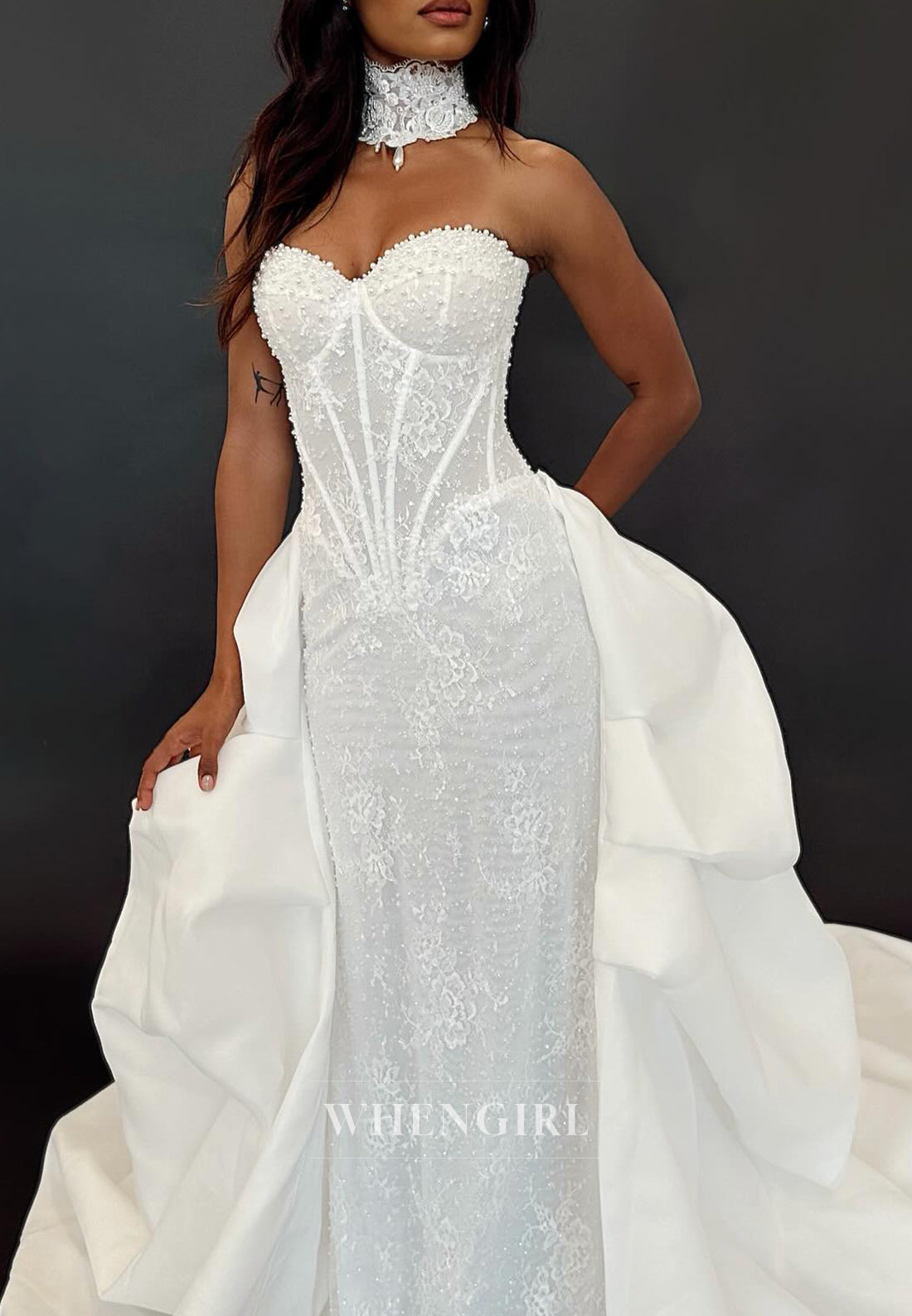 Mermaid Sweetheart Sleeveless Pearls Beaded Court Train Wedding Dress