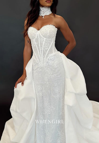Mermaid Sweetheart Sleeveless Pearls Beaded Court Train Wedding Dress