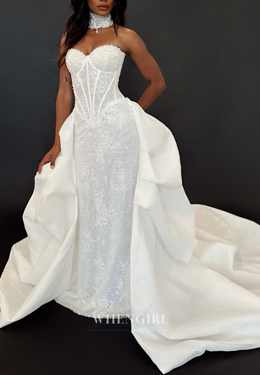 Mermaid Sweetheart Sleeveless Pearls Beaded Court Train Wedding Dress