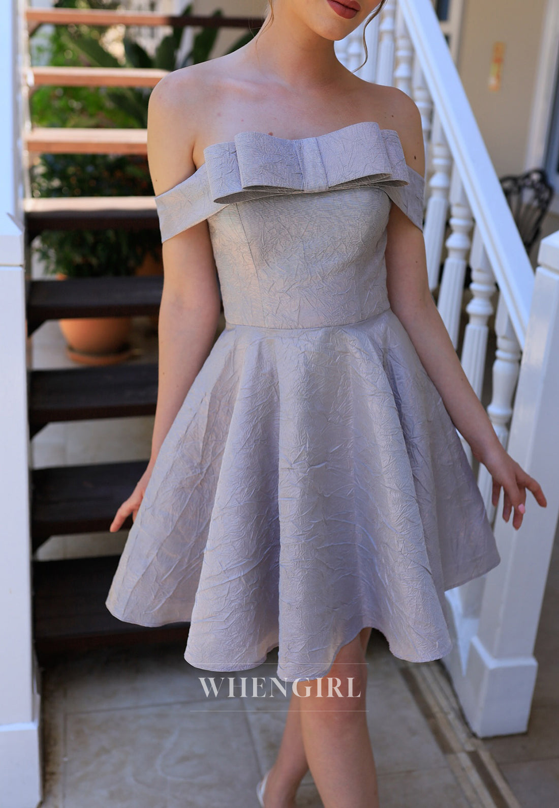 Dolphin Grey Sleeveless Off Shoulder Bowknot A-Line Homecoming Dress