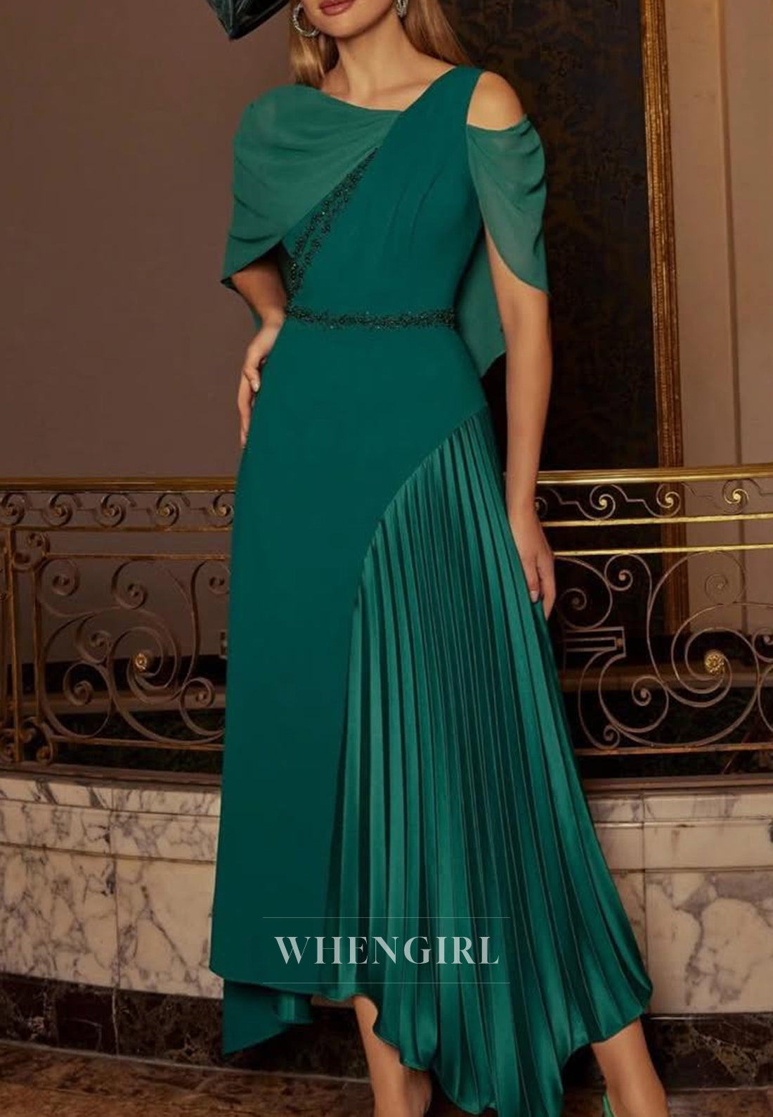 Asymmetrical Neck Short Sleeves Pleated Mother of the Bride Dress