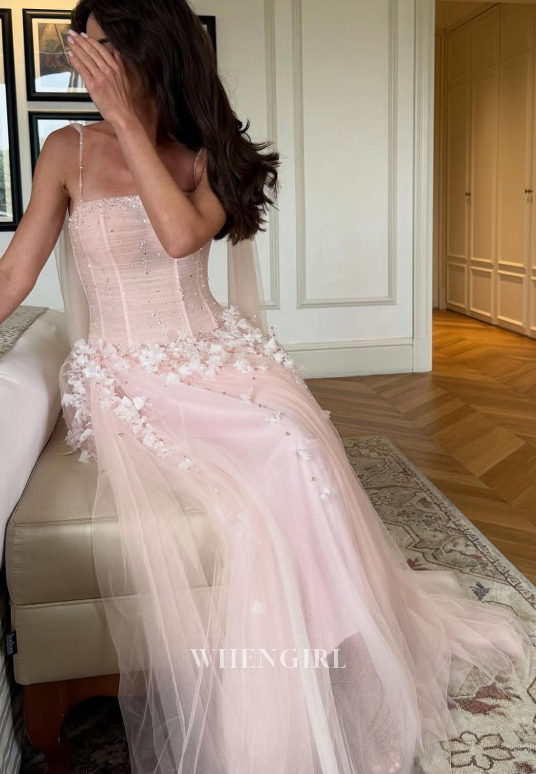 Pink Floral Spaghetti Straps Tulle A-Line Evening Formal Gown