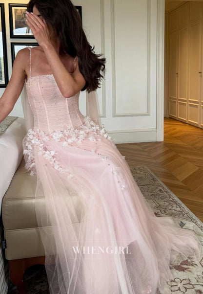 Pink Floral Spaghetti Straps Tulle A-Line Evening Formal Gown