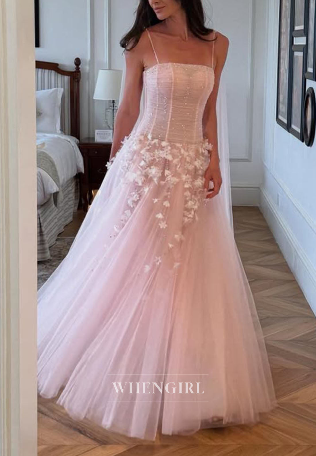 Pink Floral Spaghetti Straps Tulle A-Line Evening Formal Gown