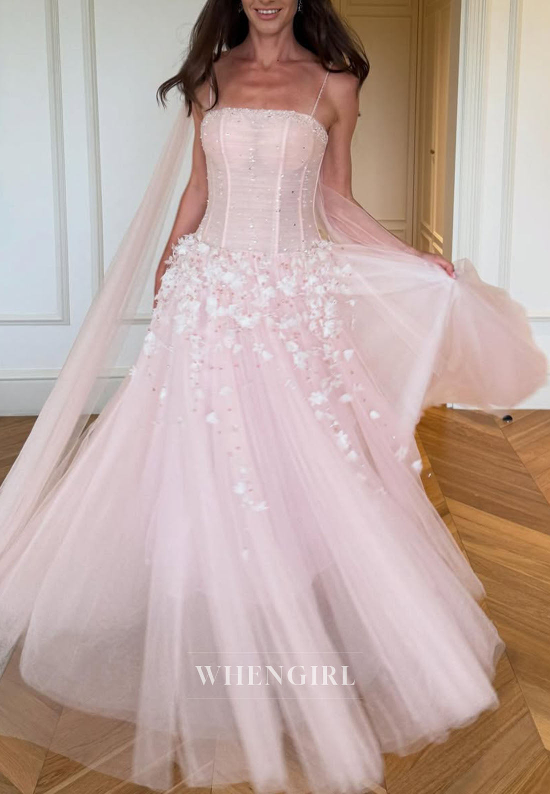 Pink Floral Spaghetti Straps Tulle A-Line Evening Formal Gown