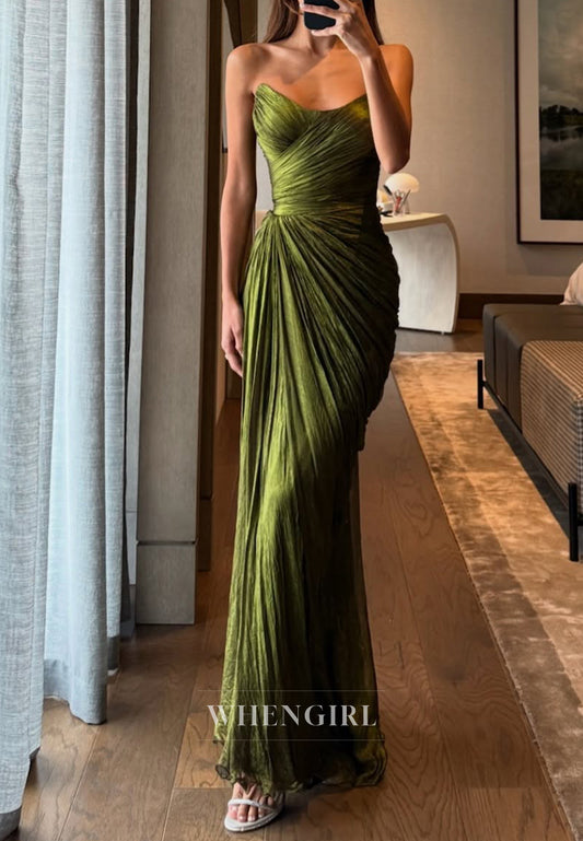 Olive Scoop Neck Sleevelss Strapless Pleated Long Formal Evening Dress