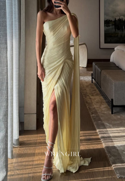 Yellow Ruched One Shoulder Sleeveless Side Slit Evening Dress
