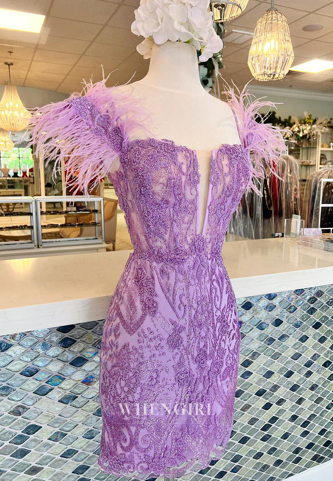 Lilac V Neck Feather Straps Sleeveless Sheath Lace Up Short Homecoming Dress