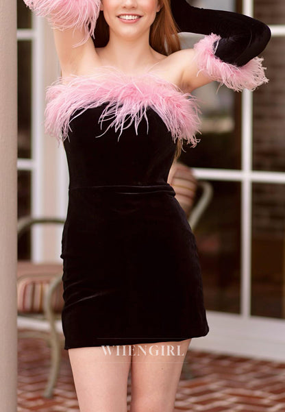 Black Sheath Tube Top Pink Feather Back Zipper Short Homecoming Dress with Gloves