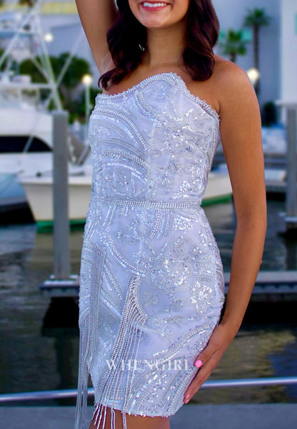 Asymmetrical Neck Rhinestones Sleeveless Tassel Sequins Sheath Short Homecoming Dress