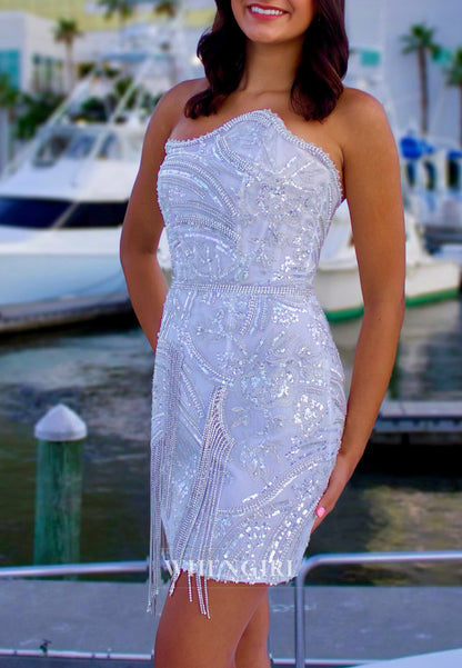 Asymmetrical Neck Rhinestones Sleeveless Tassel Sequins Sheath Short Homecoming Dress