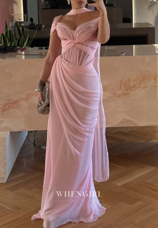 Pink Ruched Asymmetrical Neck Sheath Prom Dress with Scarf