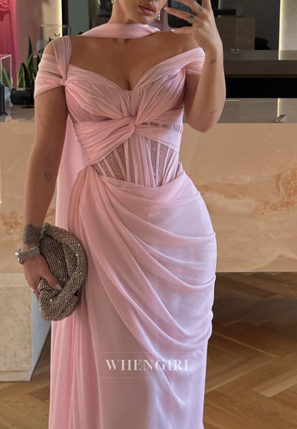 Pink Ruched Asymmetrical Neck Sheath Prom Dress with Scarf