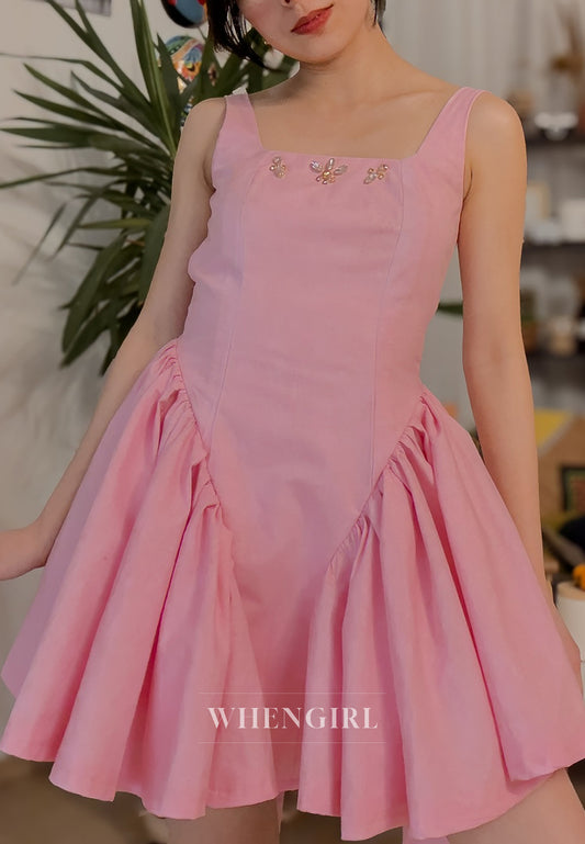 Blushing Pink Rhinetones Beading Square Neck Regular Straps Sleeveless A-Line Short Homecoming Dress