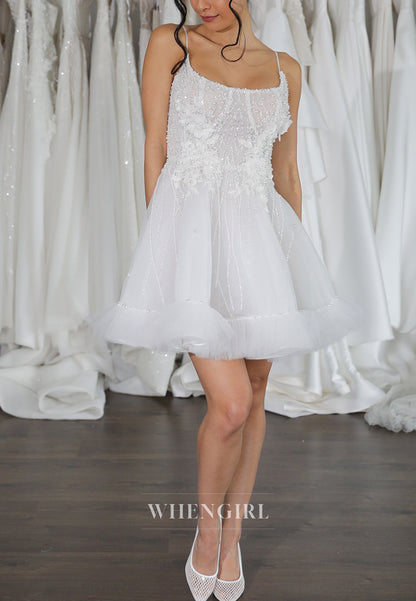Pearls Beading Frill Hem Scoop Neck Floral A-Line Sleeveless Tulle Short Wedding Dress