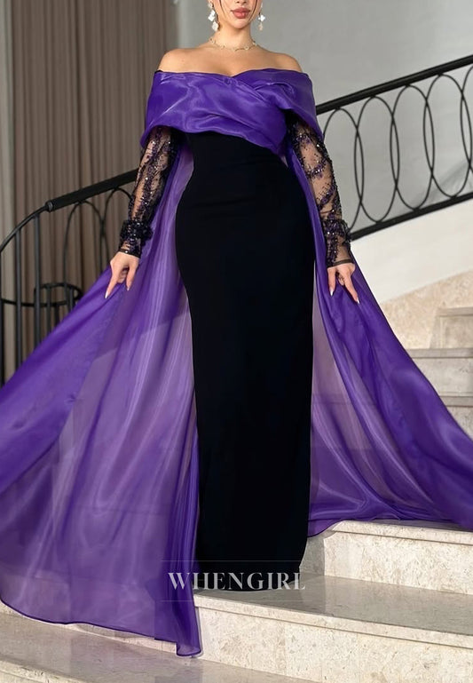 Black and Regency Off Shoulder Beaded Long Sleeves Sheath Long Formal Evening Dress with Train