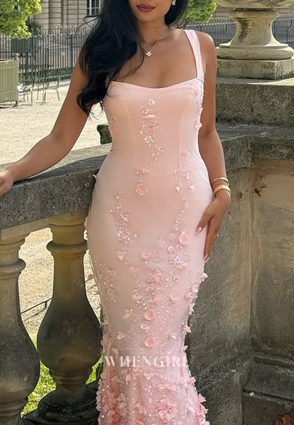 Pale Blush Floral Square Neck Regular Straps Sheath Lace Up Formal Evening Dress