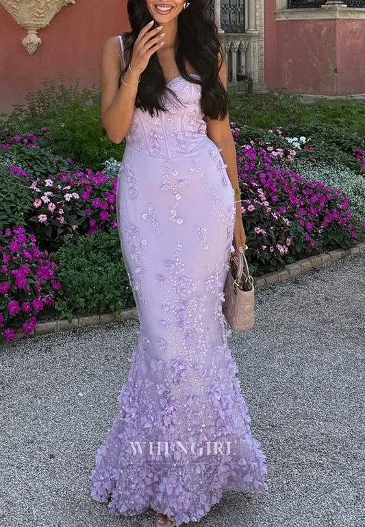 Lilac Sweetheart Sleeveless Beaded Floral Lace Up Mermaid Formal Evening Dress