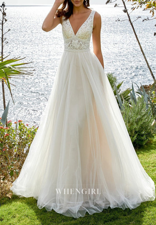A-Line Appliqued Lace V Neck Sleeveless Tulle Beach Wedding Dress with Sweep Train