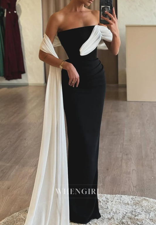 Black Floor Length Strapless Sheath Formal Evening Gown with White Cape