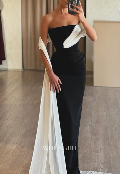 Black Floor Length Strapless Sheath Formal Evening Gown with White Cape