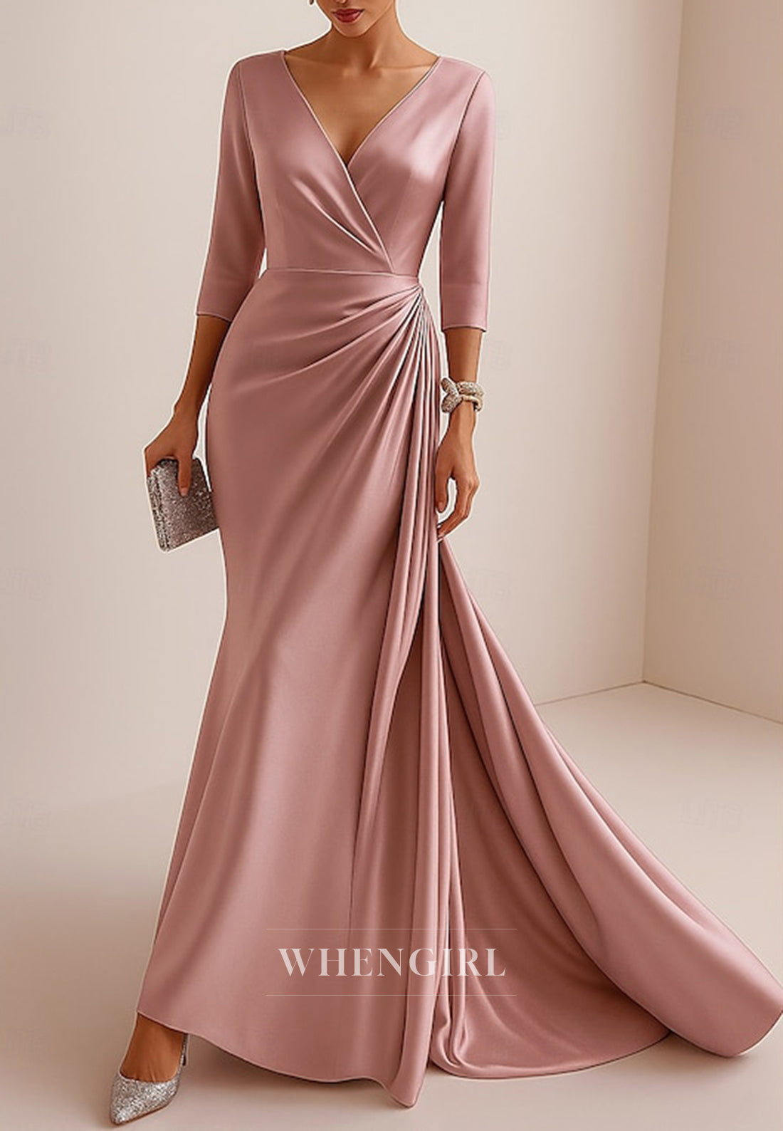 Mermaid V Neck 3/4 Sleeves Pleated Sweep Train Mother of the Bride Dress Evening Gown