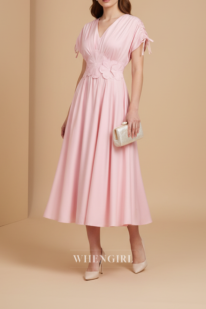 Pink V Neck Short Sleeves Midi Dress