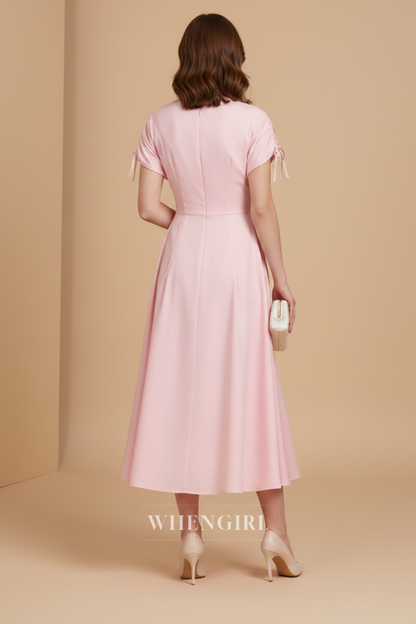 Pink V Neck Short Sleeves Midi Dress