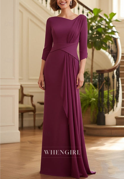 Grape Asymmetrical Neck 3/4 Sleeves Sheath Mother of the Bride Dress