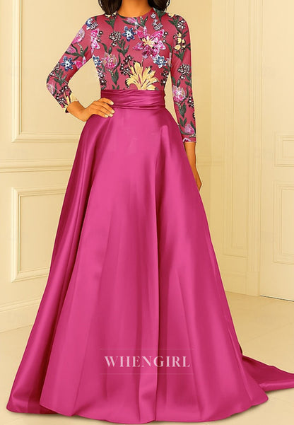 A-Line Bateau Neck Long Sleeves Embroidery Mother of the Bride Dress