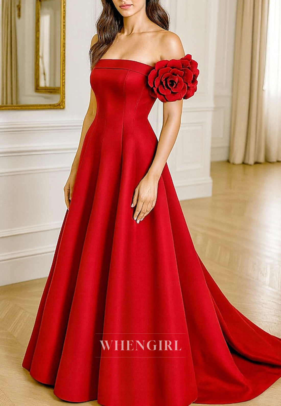 A-Line Off Shoulder Flower Sweep Train Mother of the Bride Dress