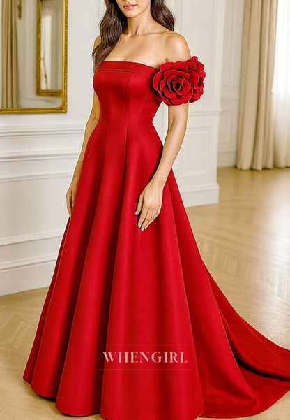 A-Line Off Shoulder Flower Sweep Train Mother of the Bride Dress