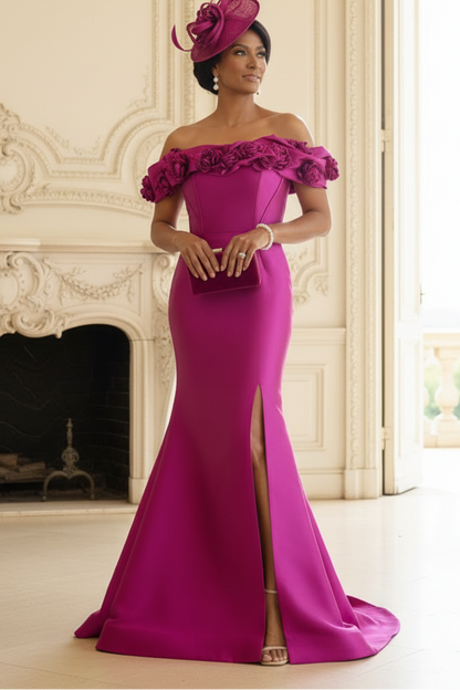 Fuchsia Off Shoulder Floral Slit Mermaid Formal Dress