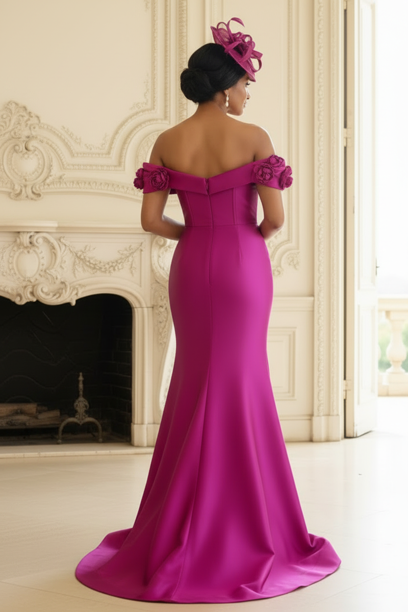 Fuchsia Off Shoulder Floral Slit Mermaid Formal Dress