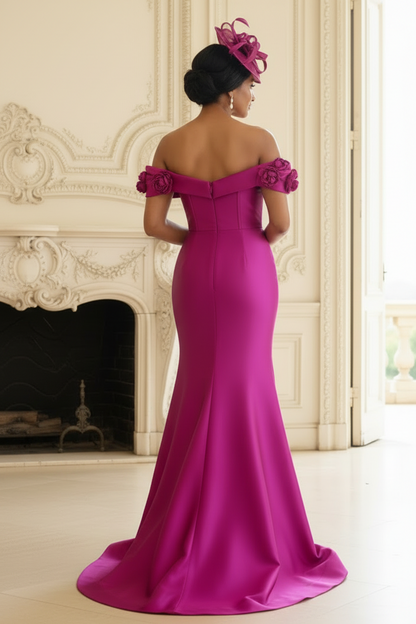 Fuchsia Off Shoulder Floral Slit Mermaid Formal Dress