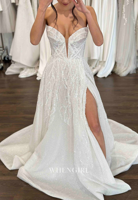 A-Line V Neck Strapless Sleeveless Side Slit Sequins Beading Court Train Wedding Dress