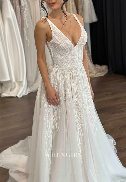 V Neck Sleeveelss Beaded Straps Vine Sweep Train A-Line Wedding Dress